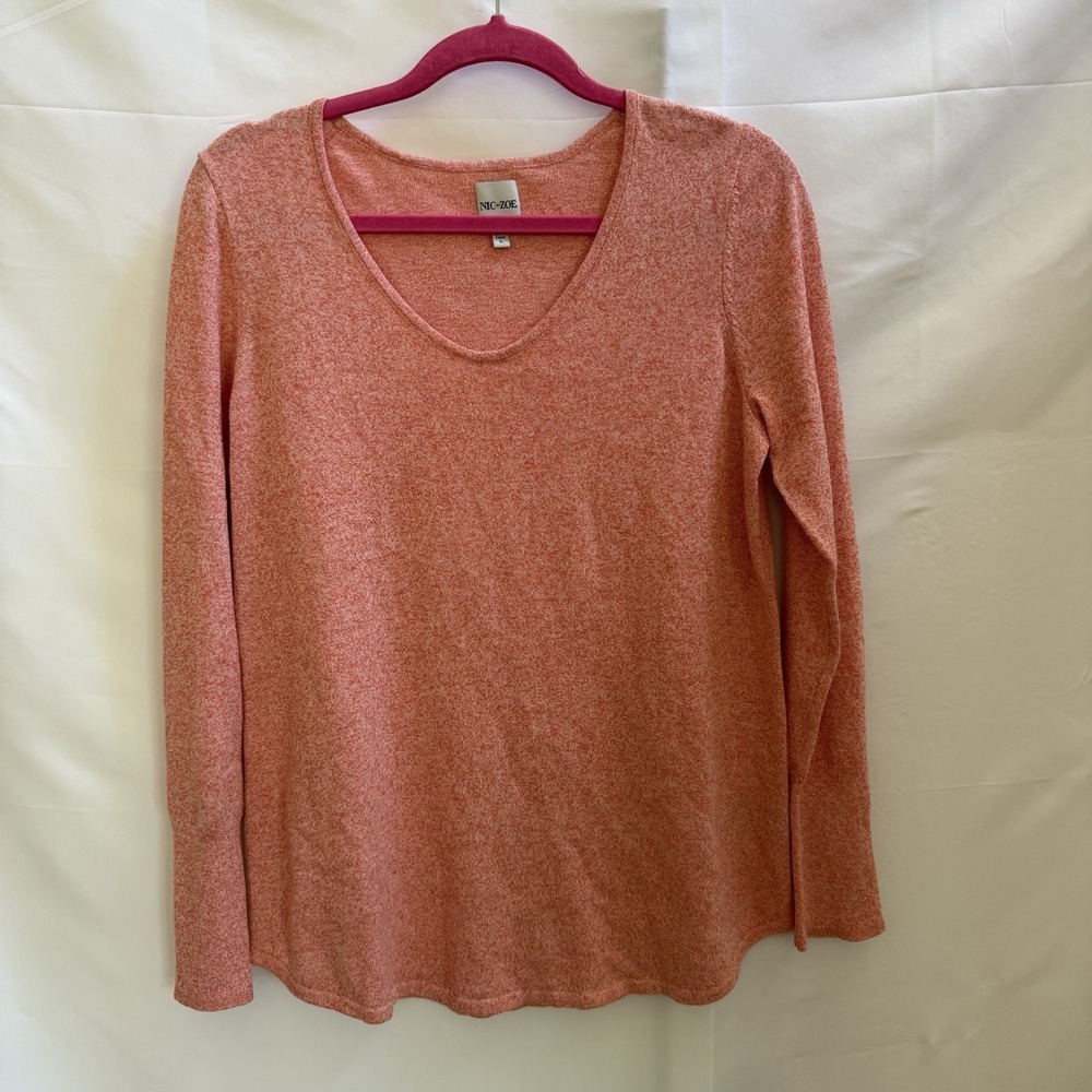 Nic+Zoe Long Sleeve V-Neck Coral orange Cotton Blend Sweater Women's Size L